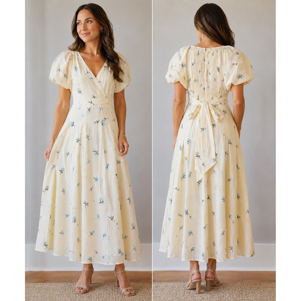 In The Beginning Cream Blue Floral Embroidered Puff Sleeve Midi Dress S